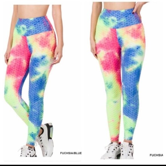 High-Waist Tie-Dye Honeycomb Textured Leggings Fuchsia/Blue Womens Activewear - Picture 1 of 5